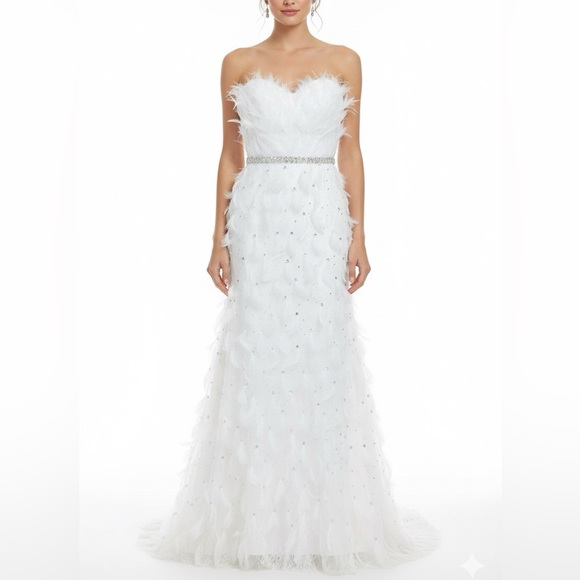 NWT Mac Duggal White Feather Rhinestone Sweetheart Strapless Gown Dress Wedding - Picture 1 of 17